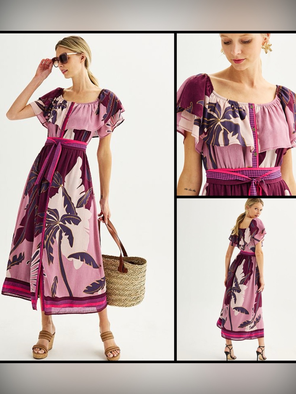 Nine West Tropical Palm Off Shoulder Boho Tie Waist Maxi Dress Purple/Pink XL